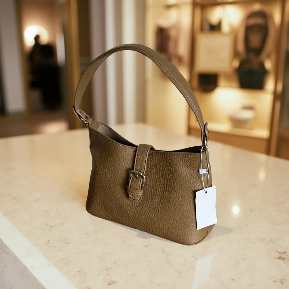 Medium Brown Microfiber Leather Shoulder Bag with Minimalist Design - Picture 2 of 6